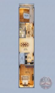 3D floor plan of 10x50 feet north facing 1BHK house with open well staircase, 5.5x9 drawing room, 4x8 toilet, 6x8 kitchen, OTS ventilation and 9.5x15 bedroom