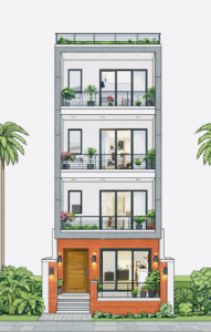 “20 feet wide 2D house front elevation (actual width 22 ft) showing four-storey modern façade with glass balcony railings, grey border framing, full-height sliding windows, rooftop railing, brick-textured ground floor, decorative outdoor lighting, balcony planters, and clean contemporary straight-line architecture – Buildingo”