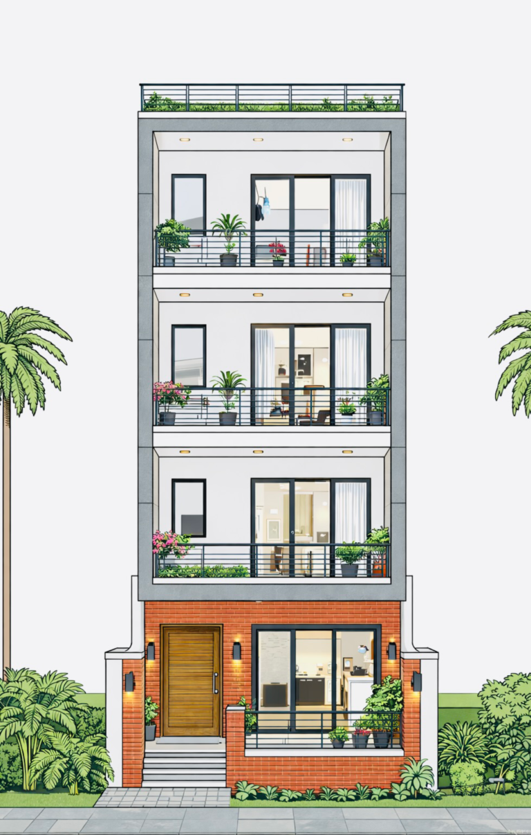 “20 feet wide 2D house front elevation (actual width 22 ft) showing four-storey modern façade with glass balcony railings, grey border framing, full-height sliding windows, rooftop railing, brick-textured ground floor, decorative outdoor lighting, balcony planters, and clean contemporary straight-line architecture – Buildingo”