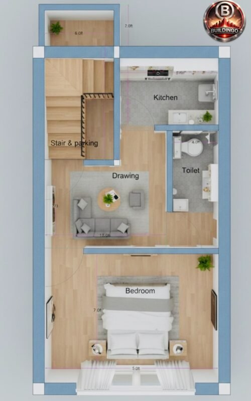 High-quality 3D floor plan of a 17×30 narrow house (actual size 17×33.5 ft) showing realistic interior visualization with wooden flooring, modular kitchen, bedroom setup, toilet layout, staircase and natural lighting for precise architectural understanding.