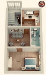 High-quality 3D floor plan of a 17×30 narrow house (actual size 17×33.5 ft) showing realistic interior visualization with wooden flooring, modular kitchen, bedroom setup, toilet layout, staircase and natural lighting for precise architectural understanding. part 2