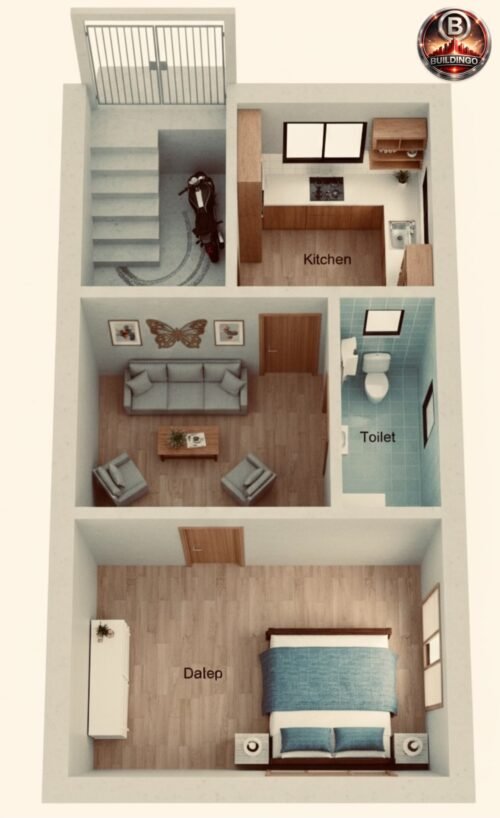 High-quality 3D floor plan of a 17×30 narrow house (actual size 17×33.5 ft) showing realistic interior visualization with wooden flooring, modular kitchen, bedroom setup, toilet layout, staircase and natural lighting for precise architectural understanding. part 2