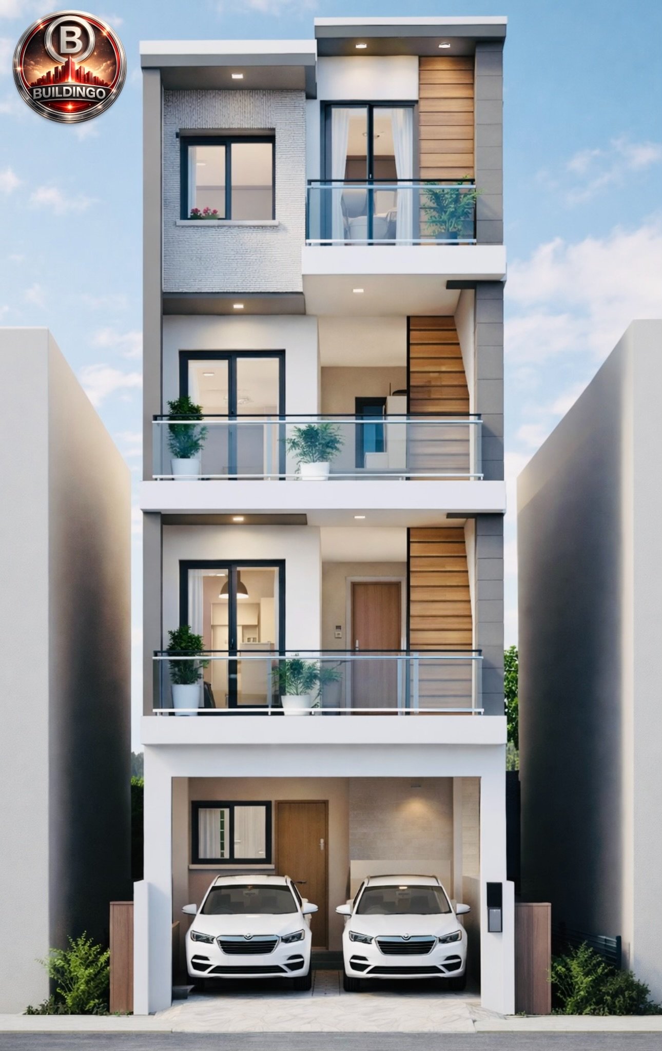 Modern 3D front elevation of a 17×30 house (actual 17×33.5 ft) showing a narrow G+2 façade with staircase visibility, kitchen window, balcony, glass railing, texture tiles and premium lighting elements, designed for a 17-ft width plot.