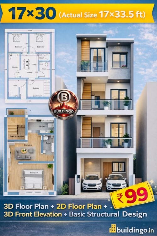 Featured image combining 2D floor plan, 3D floor plan, 3D elevation and promotional text of ₹99 for 17×30 (actual 17×33.5 ft) house design, including complete visual set—2D plan, 3D plan, G+2 elevation and basic structural design with Buildingo.in branding.