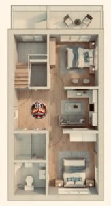 “Realistic 3D floor plan of a 17×30 house (actual 17×33.5 ft) featuring staircase lobby, open-concept kitchen, modern drawing room with furniture placement, balcony layout, two bedrooms with interior décor, washroom detailing, floor textures, lighting, and spatial arrangement for G+2 development.”