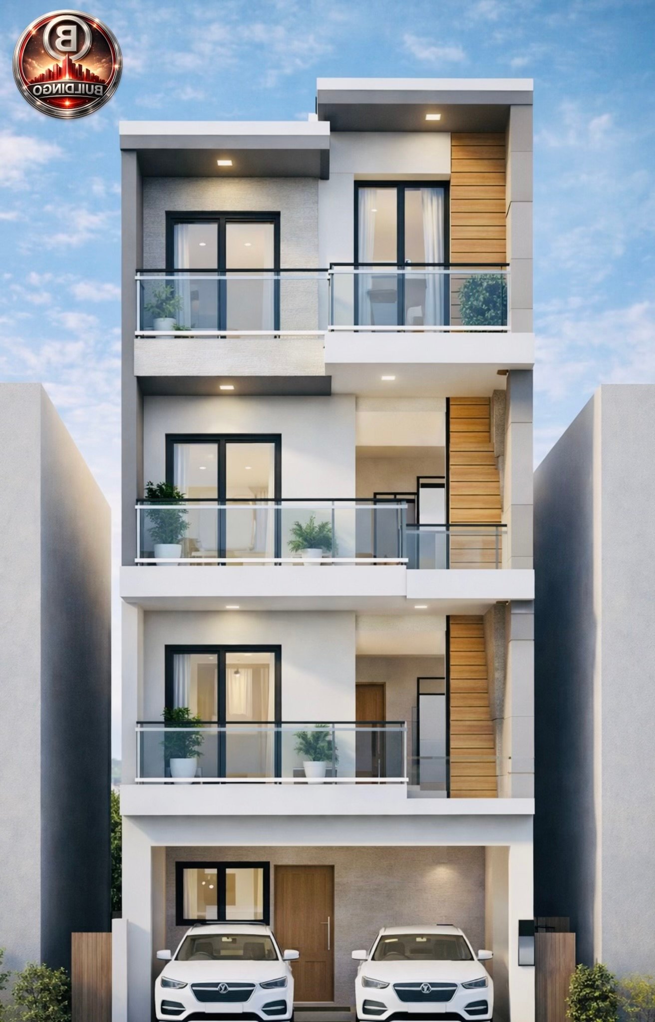 “Modern 3D front elevation of a G+2 narrow house on a 17×30 ft plot (actual 17×33.5), featuring front staircase landing window, upper-floor balcony, sliding glass railings, LED exterior lighting, textured wall cladding, wooden panels, and vertical ventilation windows—designed for narrow façade aesthetics.”