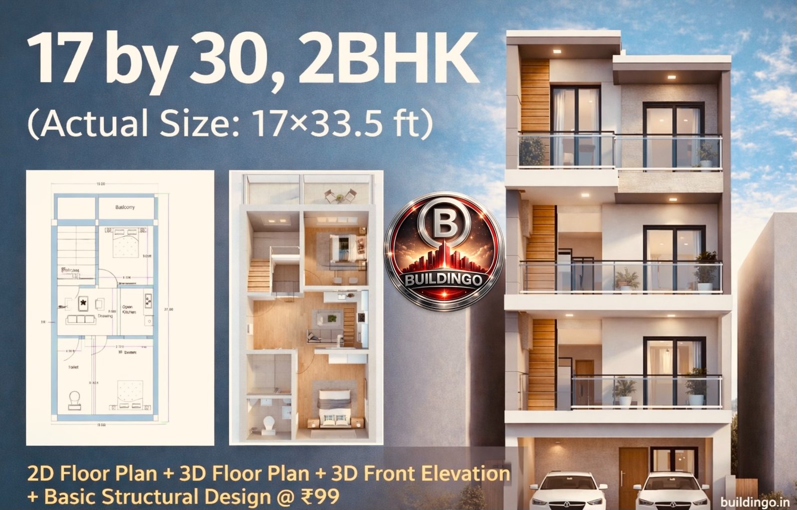 “Featured promotional image showing 17×30 ft (actual 17×33.5 ft) 2BHK house package including 2D floor plan, 3D floor plan, 3D front elevation, and structural design for ₹99, with modern G+2 elevation on right and floor plans on left, branded with buildingo.in.”