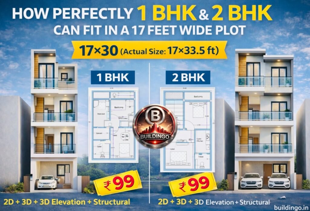 “Featured image showing how perfectly 1 BHK and 2 BHK house designs fit in a 17×30 feet narrow plot (actual size 17×33.5 ft). The image displays two modern G+2 building elevations on both sides, with the 2D floor plans of 1 BHK and 2 BHK placed in the center, highlighting the ₹99 combo offer that includes 2D floor plan, 3D floor plan, 3D front elevation, and basic structural design. The branding text ‘buildingo.in’ is visible on the corner.”