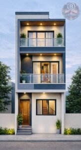 modern 10x50 feet house front elevation with glass balcony railing, wooden cladding, staircase visible through window and warm exterior lighting