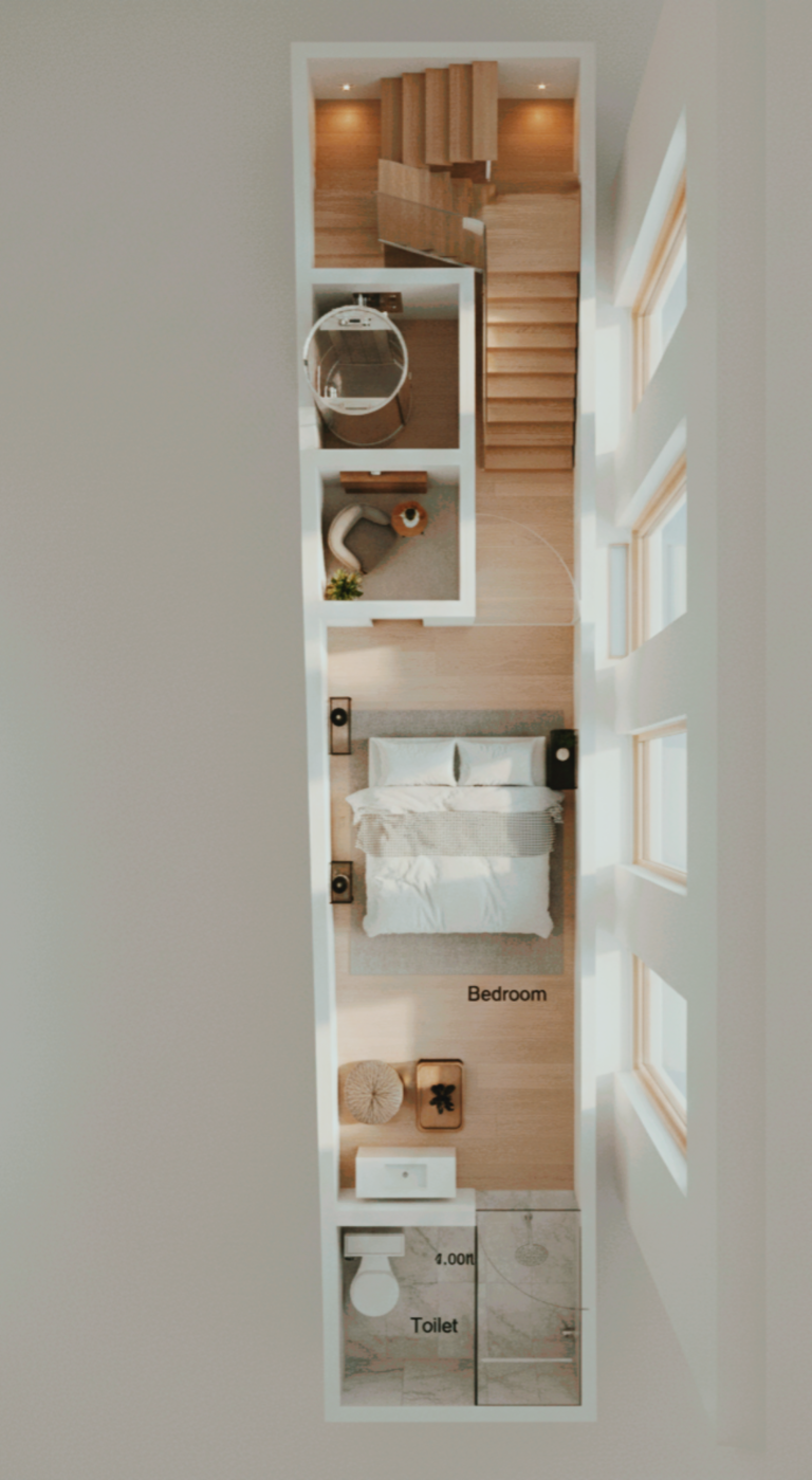 “10x40 house plan (actual 9x40 ft, rear width 7.83 ft) ultra-narrow 3D floor plan showing modern bedroom, attached toilet, central lounge space, spiral staircase section, wooden flooring, large vertical windows, compact duplex room layout, long rectangular design for extremely narrow plots – Buildingo”