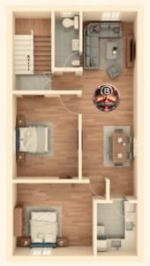 “High-quality 3D floor plan of an 18x45 house with realistic interiors showing bedrooms, living area, dining, kitchen, staircase, and toilet in a top-view perspective for modern residential design.”