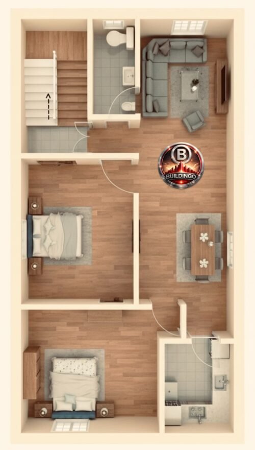 “High-quality 3D floor plan of an 18x45 house with realistic interiors showing bedrooms, living area, dining, kitchen, staircase, and toilet in a top-view perspective for modern residential design.”