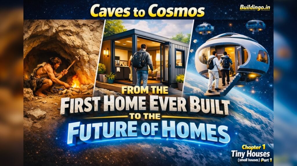 “Evolution of homes from ancient cave dwellings to modern tiny houses and futuristic space-age habitats; a comparison visual showing a caveman in a cave, a man entering a compact tiny home, and people boarding a futuristic floating pod home, representing the journey from the first homes ever built to the future of housing — Buildingo.in documentary series Caves to Cosmos.”