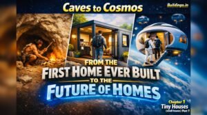 “Evolution of homes from ancient cave dwellings to modern tiny houses and futuristic space-age habitats; a comparison visual showing a caveman in a cave, a man entering a compact tiny home, and people boarding a futuristic floating pod home, representing the journey from the first homes ever built to the future of housing — Buildingo.in documentary series Caves to Cosmos.”