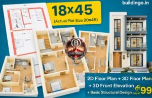 “Promotional featured image for 18x45 house plan combo showing 2D floor plan, 3D floor plan, 3D elevation, and pricing text ‘2D + 3D + Elevation + Basic Structural Design at ₹99’ with Buildingo.in branding.”