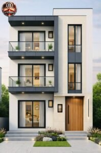 “Modern G+2 3D front elevation design for an 18x45 house featuring front staircase, toilet window, large drawing room window, and two balconies with a clean contemporary architectural style.”