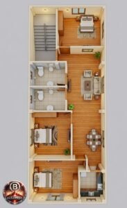 “3D floor plan of an 18x55 house showing realistic interiors, bedroom layouts, toilet placements, dining area, kitchen, staircase, flooring, and furniture arrangement.”