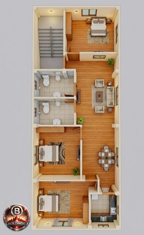 “3D floor plan of an 18x55 house showing realistic interiors, bedroom layouts, toilet placements, dining area, kitchen, staircase, flooring, and furniture arrangement.”
