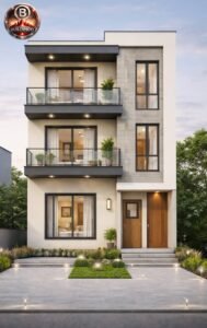 “Modern G+2 3D front elevation of an 18x55 house showing ground-floor staircase entrance, bedroom window, upper floor balconies, and premium architectural detailing.”