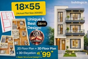 “Featured image thumbnail showing 18x55 house plan combo including large 3D front elevation, small 2D floor plan, and 3D floor plan with ₹99 pricing label, Buildingo.in branding, and promotional design for 20x55 SEO size.”