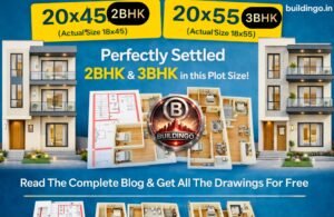 “Featured image combining two modern house designs: a 3D front elevation of an 18x45 feet (20x45 SEO) 2BHK house and a 3D front elevation of an 18x55 feet (20x55 SEO) 3BHK house, displayed on both sides of the thumbnail. In the center, multiple smaller reference visuals show the 2D floor plans and 3D floor plans of both plots, highlighting bedrooms, living rooms, kitchens, toilets, staircases, and circulation spaces. The graphic emphasizes how perfectly the 2BHK and 3BHK layouts are planned within narrow plots. Bottom banner reads: ‘2D Floor Plan + 3D Floor Plan + 3D Elevation + Basic Structural Design – Only ₹99’. Branding text ‘Buildingo.in’ is placed in a corner. The thumbnail is designed for Google Discover, featuring clean layout, modern architectural visuals, and high-resolution plan previews.”