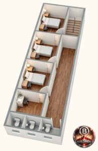A photorealistic 3D floor plan of an 18x60 feet house (actual 18x57) featuring four furnished rooms, wooden flooring, realistic furniture placement, left-side staircase, and clearly visible internal circulation.