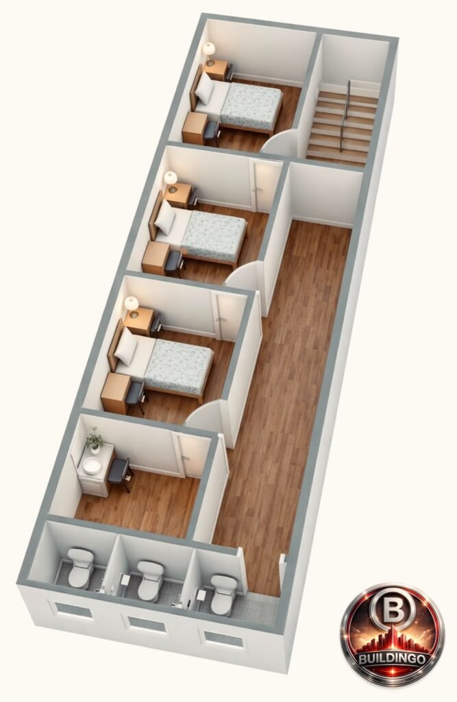 A photorealistic 3D floor plan of an 18x60 feet house (actual 18x57) featuring four furnished rooms, wooden flooring, realistic furniture placement, left-side staircase, and clearly visible internal circulation.