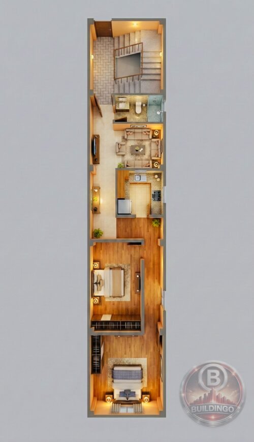 3D floor plan of 10x50 feet compact 2BHK house with staircase block, 6x9 drawing room, 6x5 kitchen and bedrooms 10x7 and 9x10