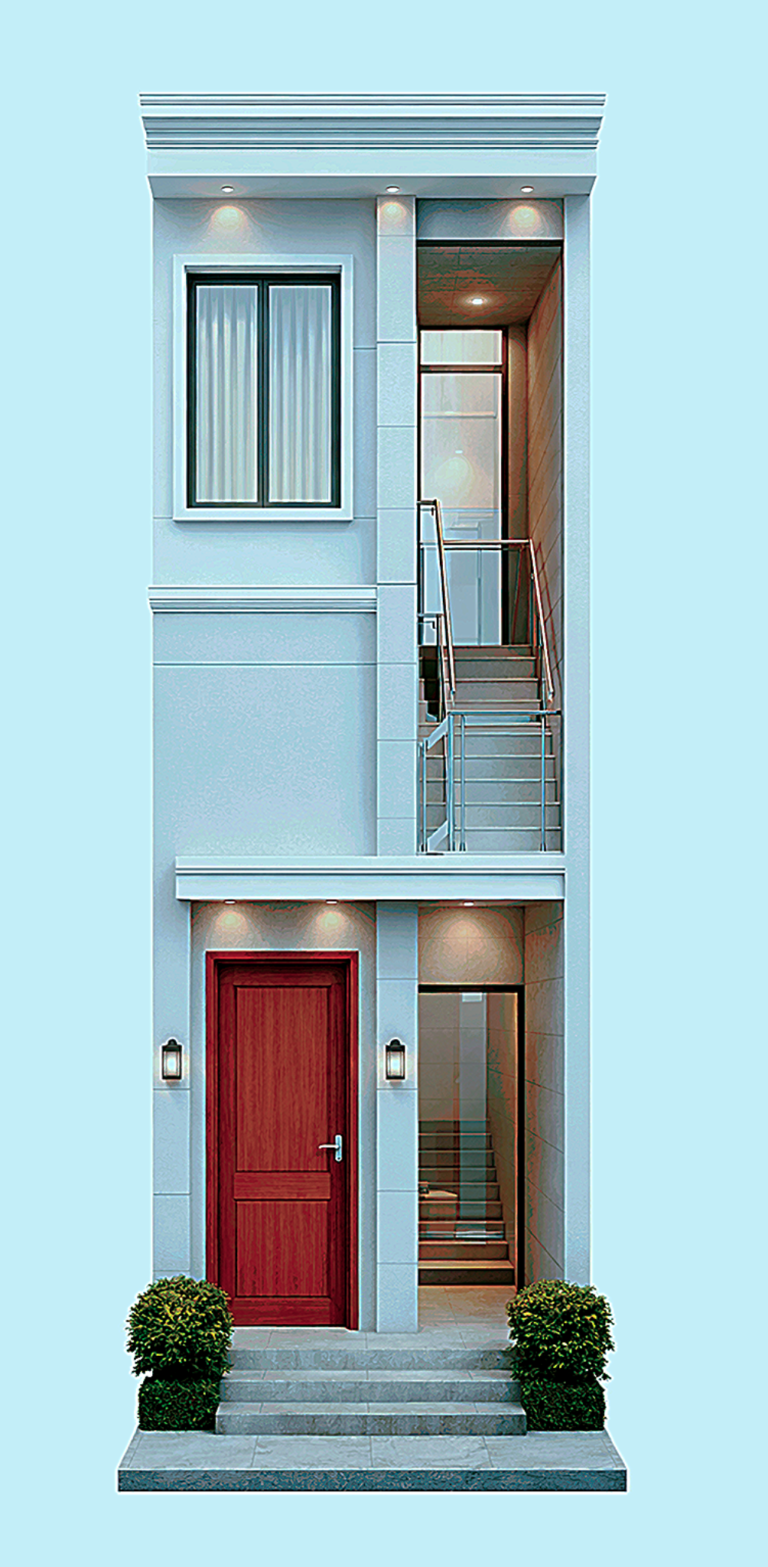 “10 feet wide modern narrow house front elevation (actual width 9 ft) featuring sleek minimal design, wooden main door, staircase visible through full-height glass panel, upper-floor sliding window, soft LED façade lighting, pastel exterior walls, compact entrance steps, and ultra-narrow architectural styling for small plots – Buildingo”