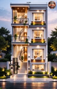 A modern 3-storey 3D front elevation for an 18x60 (actual 18x57) plot, featuring a left-side staircase tower, elegant balcony on upper floors, large modern bedroom windows, LED lighting, wooden textures, glass railings, and premium architectural finishes.