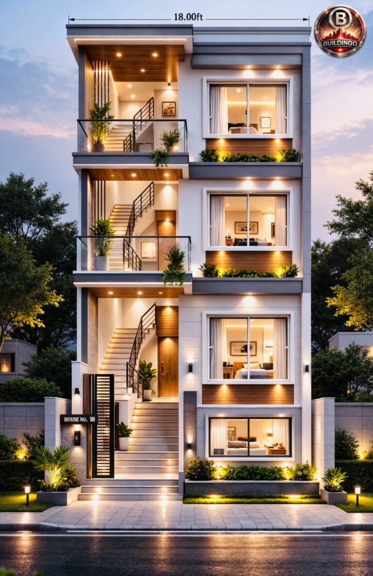 A modern 3-storey 3D front elevation for an 18x60 (actual 18x57) plot, featuring a left-side staircase tower, elegant balcony on upper floors, large modern bedroom windows, LED lighting, wooden textures, glass railings, and premium architectural finishes.