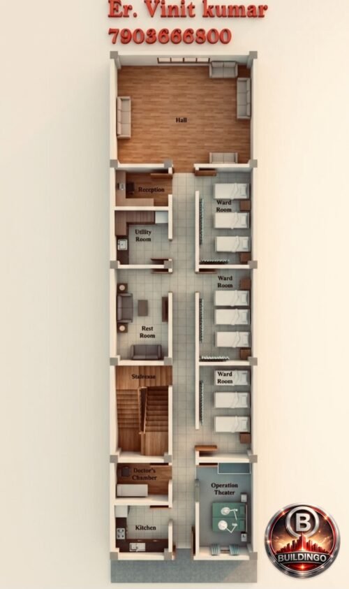 Realistic 3D floor plan of a hospital layout on a 20x75 feet plot (actual 19x76), showing furnished hall, reception, utility room, ward rooms with beds, OT, staircase, doctor’s chamber, kitchen, and interior materials including flooring, lighting, and furniture placement.