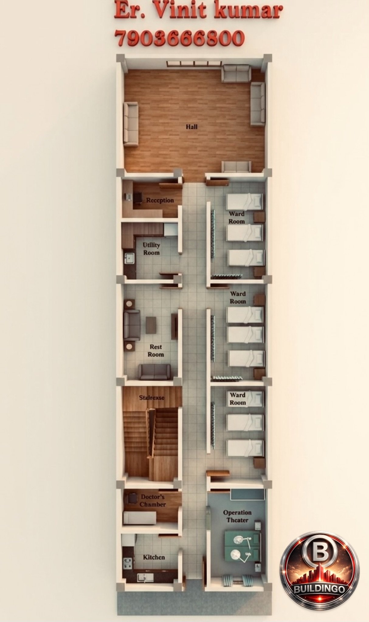 Realistic 3D floor plan of a hospital layout on a 20x75 feet plot (actual 19x76), showing furnished hall, reception, utility room, ward rooms with beds, OT, staircase, doctor’s chamber, kitchen, and interior materials including flooring, lighting, and furniture placement.