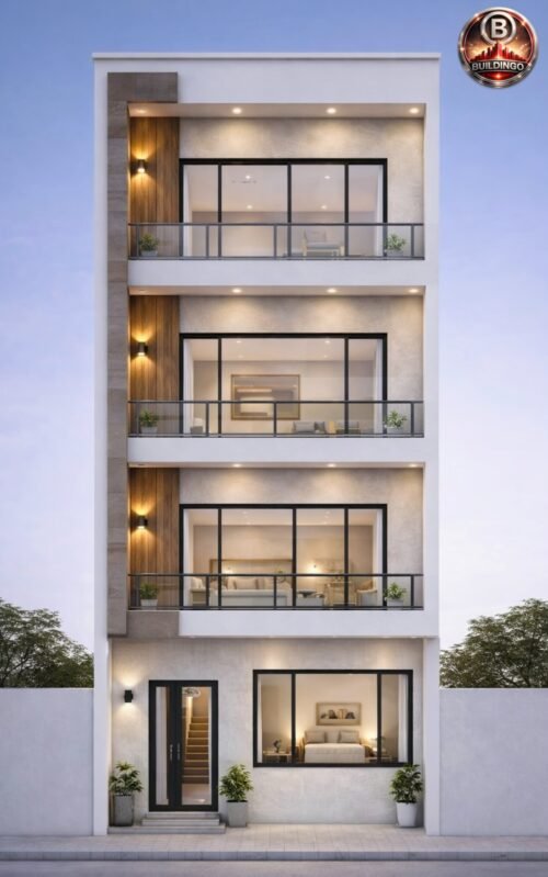 A modern 3D front elevation of a G+2 building for a 20x75 plot (actual 19x76), featuring a large hall window, symmetrical glass façade, narrow 19-ft design, entrance door, LED lighting, balconies, wooden textures, and vertical elements suitable for a clinic or hospital.