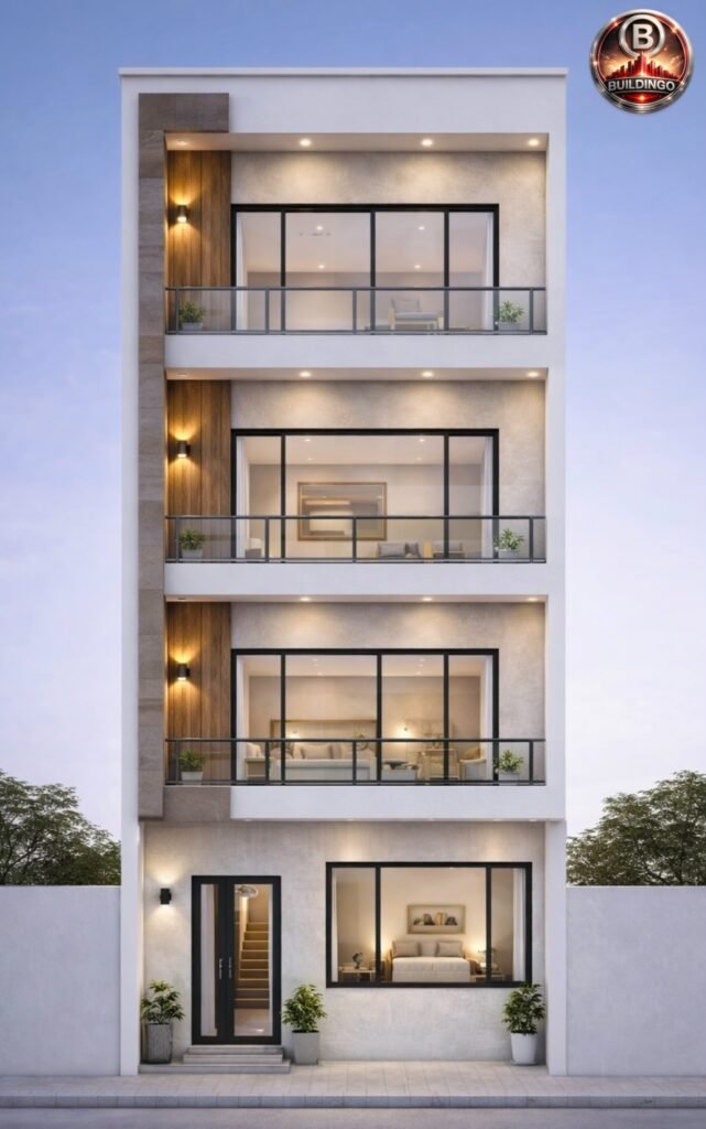 A modern 3D front elevation of a G+2 building for a 20x75 plot (actual 19x76), featuring a large hall window, symmetrical glass façade, narrow 19-ft design, entrance door, LED lighting, balconies, wooden textures, and vertical elements suitable for a clinic or hospital.