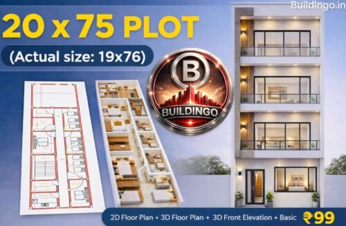 Google Discover style featured thumbnail showing a 20x75 plot (actual size 19x76) with a 2D floor plan, 3D floor plan, and modern 3D front elevation side-by-side, and text offering 2D + 3D + Elevation + Structural Design for ₹99 with Buildingo.in branding.