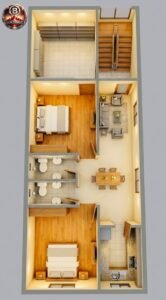 A realistic 3D floor plan of a 20x50 mixed-use house showcasing a front shop, left-side staircase, two bedrooms with wooden flooring, a furnished living area, twin washrooms, a central dining space, and a modular kitchen with lighting and interior details.