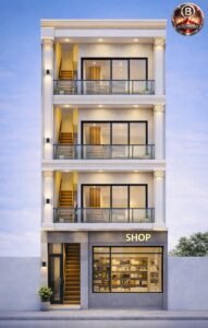 A high-end 3D front elevation of a 20x50 three-story mixed-use building with a right-side glass-front shop, left-side staircase entrance, classical-modern balcony design, premium lighting, luxury textures, and narrow-plot architectural styling.