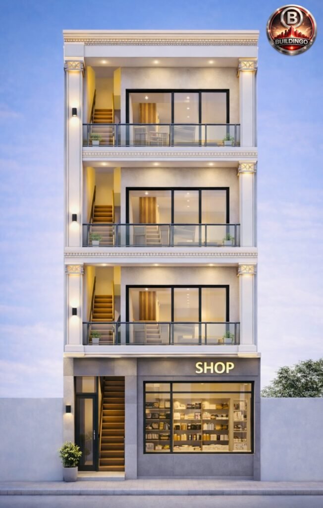 A high-end 3D front elevation of a 20x50 three-story mixed-use building with a right-side glass-front shop, left-side staircase entrance, classical-modern balcony design, premium lighting, luxury textures, and narrow-plot architectural styling.