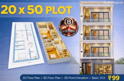A Google Discover–optimized thumbnail featuring a 20x50 plot design with a large 3D elevation of a modern G+2 building, small 2D floor plan, small 3D floor plan, Buildingo.in branding, and ₹99 combo offer for house design packages.
