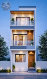 premium modern 10x50 feet narrow plot house elevation with balcony, glass railing and staircase window design