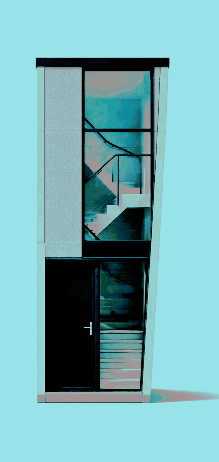 “10×40 modern narrow house front elevation (actual front width 9 ft, rear width 7.83 ft, length 40 ft) featuring glass façade, vertical staircase window, sleek minimalistic modern exterior design ideal for ultra-slim plots, compact frontage elevation with contemporary panels and modern lighting — Buildingo.in”