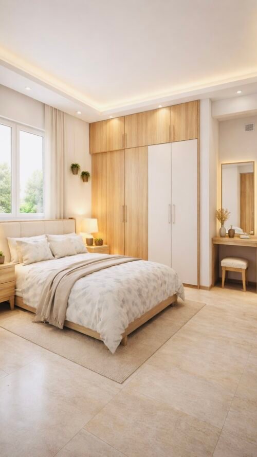 Modern Indian 1BHK bedroom interior design with a queen-size bed, wooden wardrobe, dressing table, warm lighting, beige color palette, and natural window light in a compact house layout