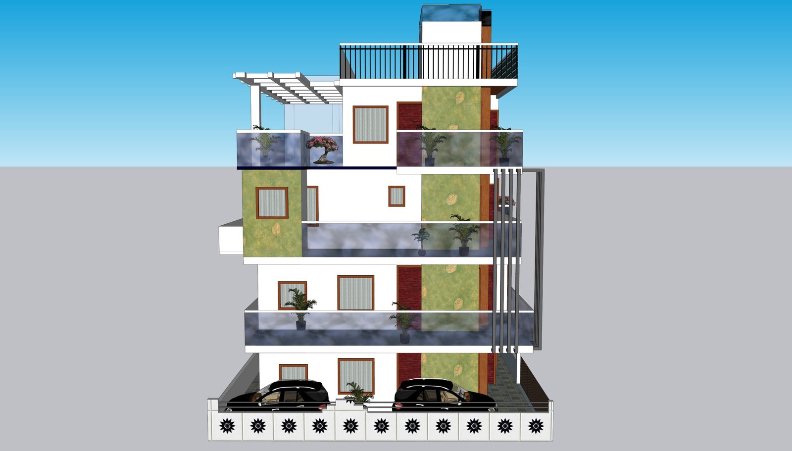 3D side elevation design of a 30-foot wide modern multi-storey residential building featuring ground floor parking, three upper floors with continuous balconies, glass railings, vertical green texture panels, pergola design on terrace, and contemporary façade elements. The building includes stilt parking at the ground level with car parking spaces, decorative compound wall, vertical architectural fins on the side, and layered balcony projections. Each floor has balcony spaces with glass and concrete combination railings. The terrace level features a pergola shade structure and rooftop access room. The façade uses a combination of white plaster finish, green textured cladding panels, wooden accent strips, and modern railing design.